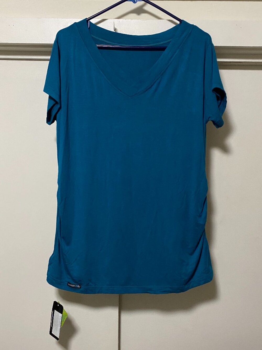 NWT = Ocean Lily, short sleeve, peacock color, tunic w/ruched sides, size XL